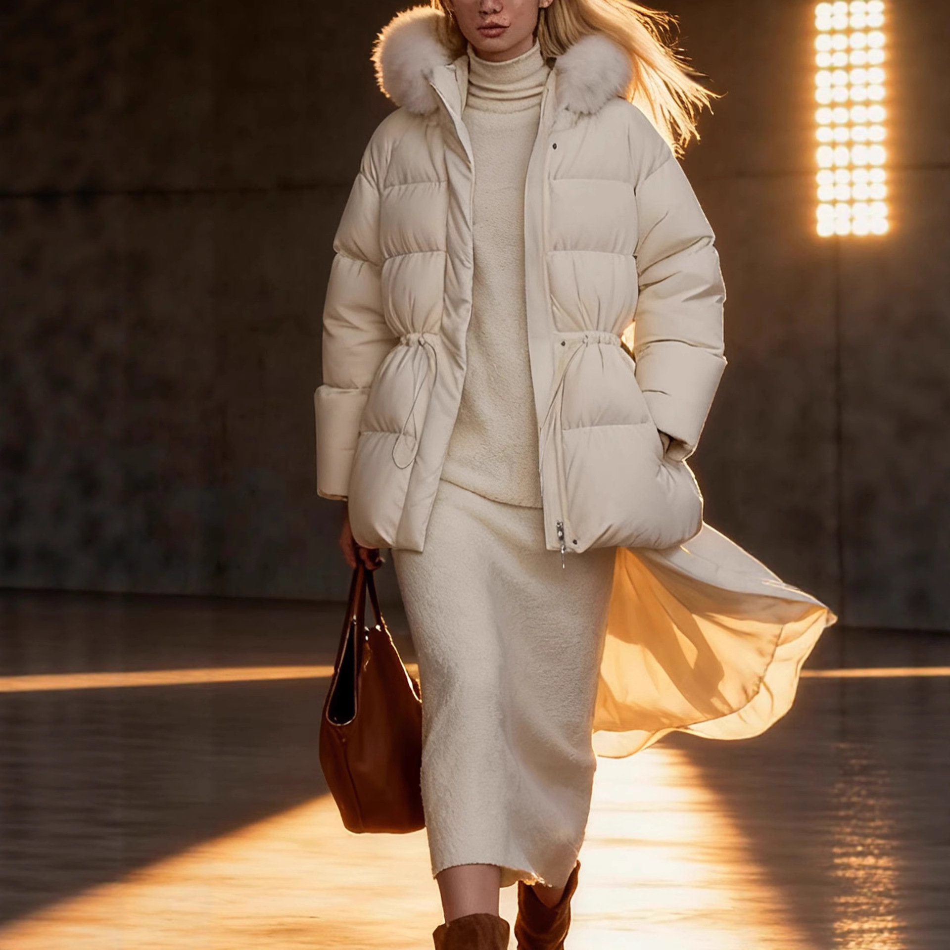 New Simple Drawstring Duck Hooded Winter Coat With Fur Collar Thickened Slimming Down Jacket_voghion.com