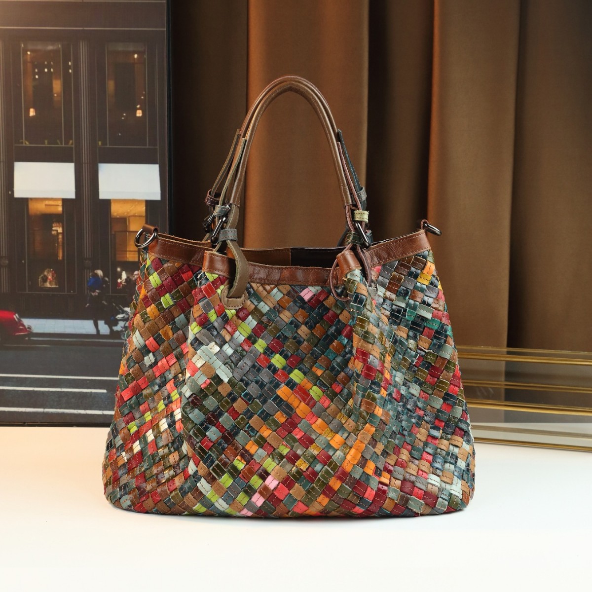 Retro Style Large Capacity Hand Woven Colorful Genuine Leather Patchwork Tote Bag Women's Casual Versatile Crossbody Bag_voghion.com