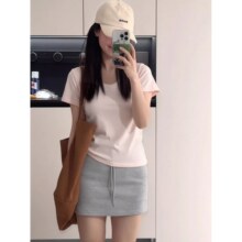 嫩粉色正肩U领T恤女夏季修身显瘦内搭打底衫短袖纯欲百搭气质上衣