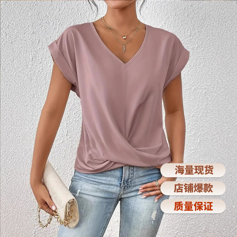 2026 Amazon Cross-Border Spring and Summer Hot-Selling Solid Color V-Neck T-Shirt Elegant Twist Short-Sleeve Top Amazon Women's