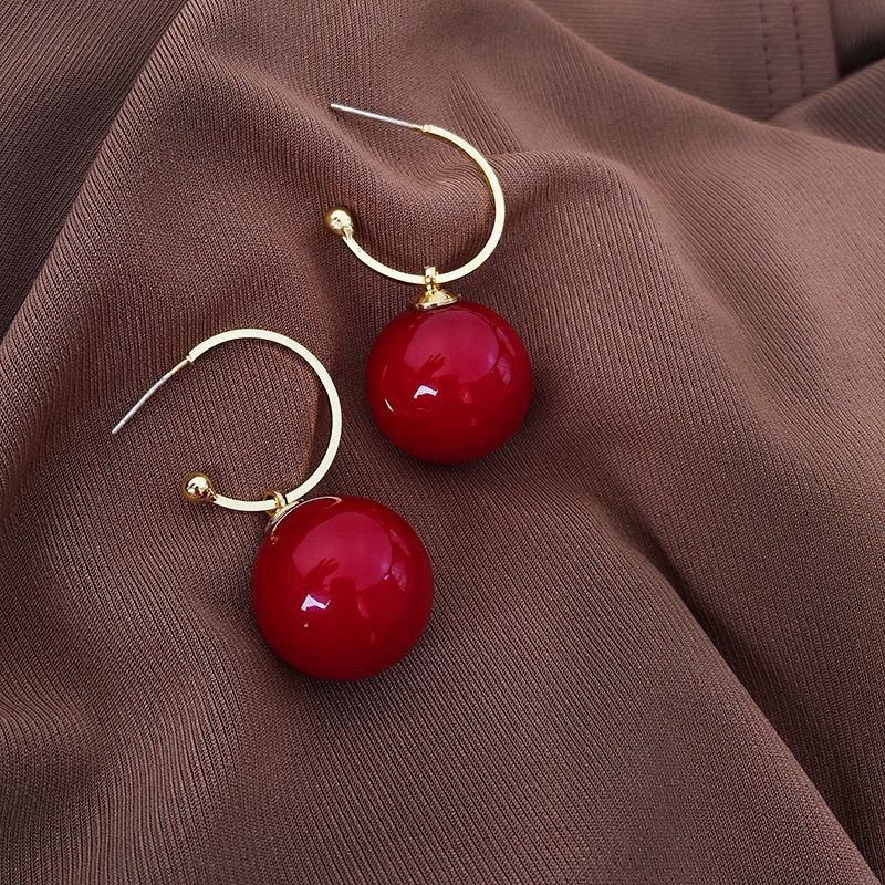 South Korea Fashion Long Slim Pendant Red Bead Earrings Elegant All-match Type C Earrings Earrings Earrings Women