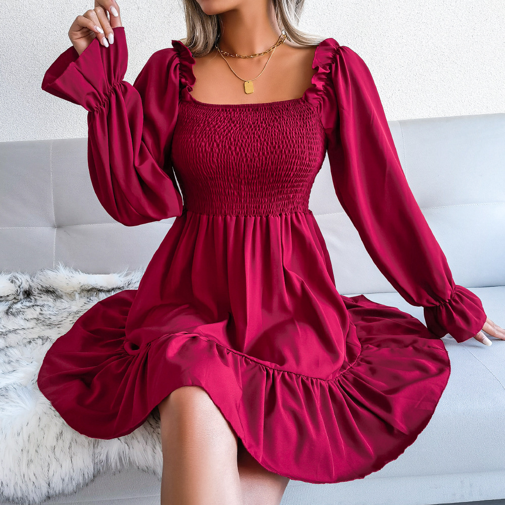 solid color square-neck trumpet sleeve ruffled swing dress NSBJ117943