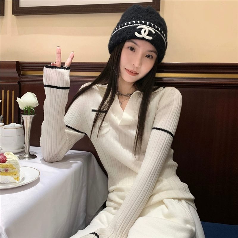 白色polo领针织打底衫女秋冬长袖上衣复古撞色小香风内搭修身毛衣|undefined