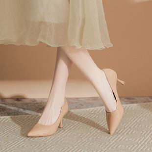 730-3 Pure Desire Nude High Heels Women's 2025 New French Style Shallow Mouth Stiletto Patent Leather Pointed Toe Shoes