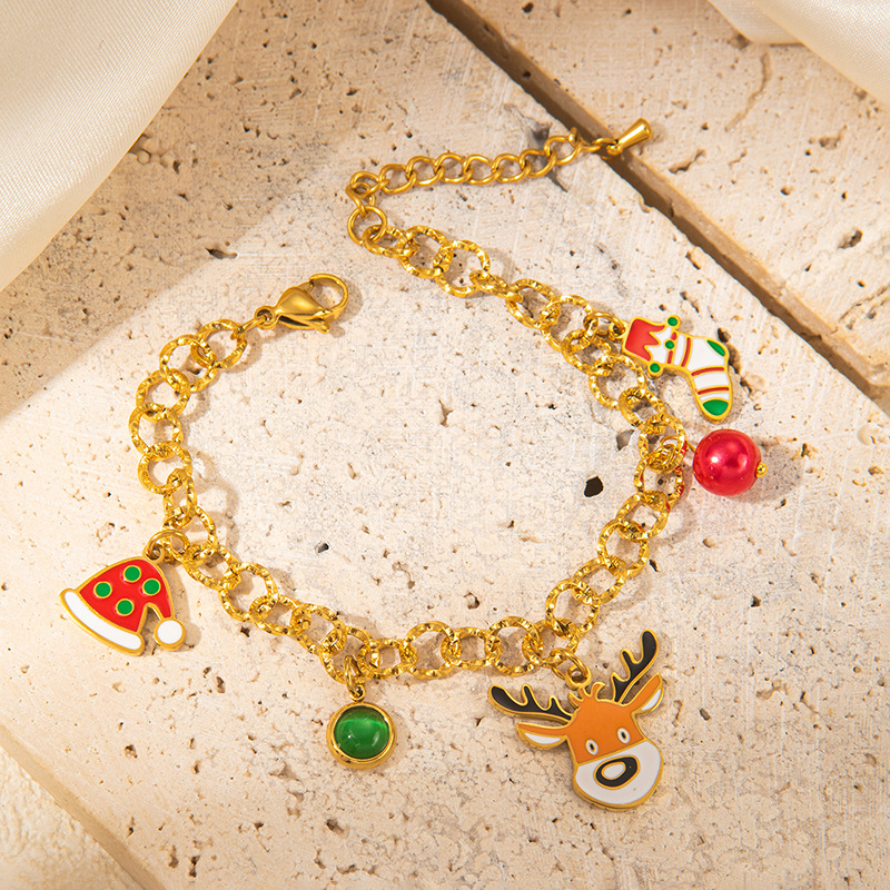 Daily Occasion Titanium Steel Material Cute Christmas Tree Santa Claus Elk Titanium Steel Bracelets In Bulk Christmas