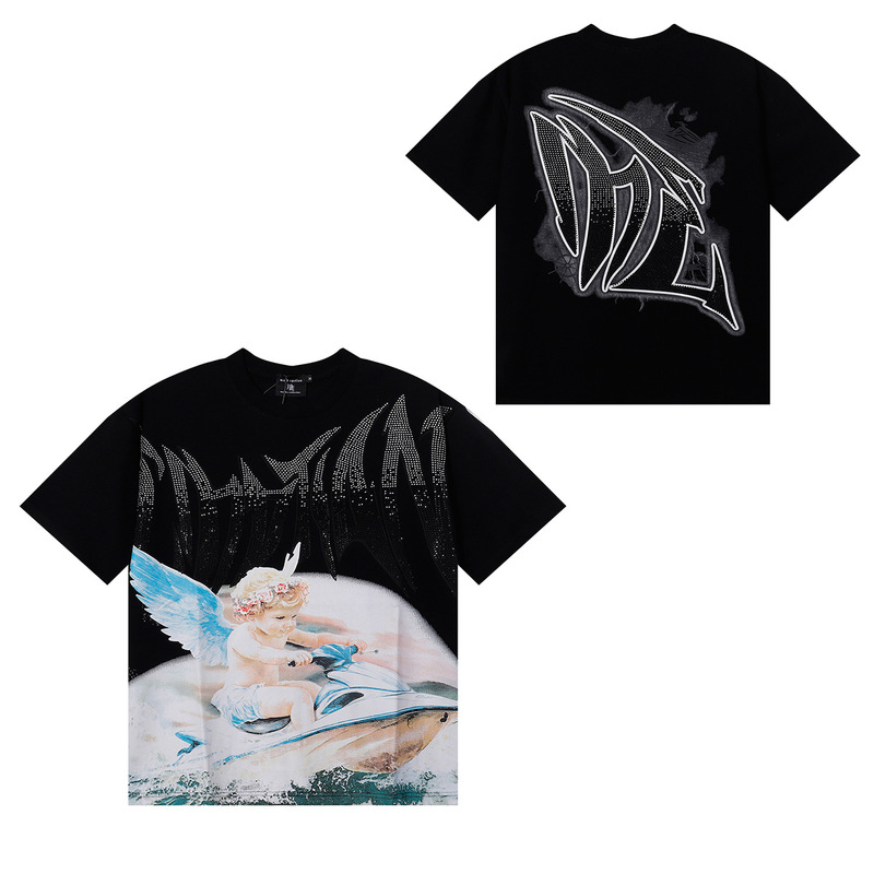 MIXED EMOTION レトロホットダイヤモンドプリントロゴ美しいトレンディなラウンドネックルーズカジュアル半袖Tシャツ男性と女性用|undefined