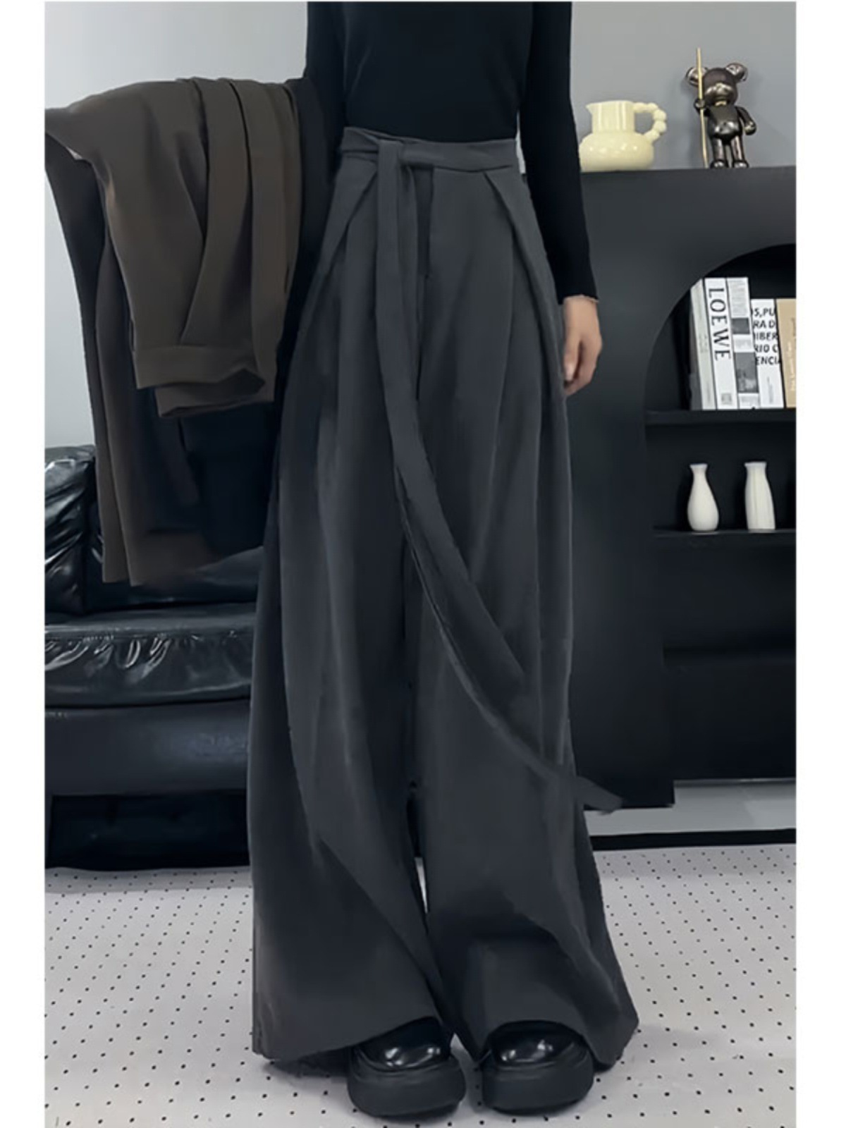 韩国chic小众高腰绑带毛呢阔腿裤女秋冬设计感垂感休闲拖地西装裤