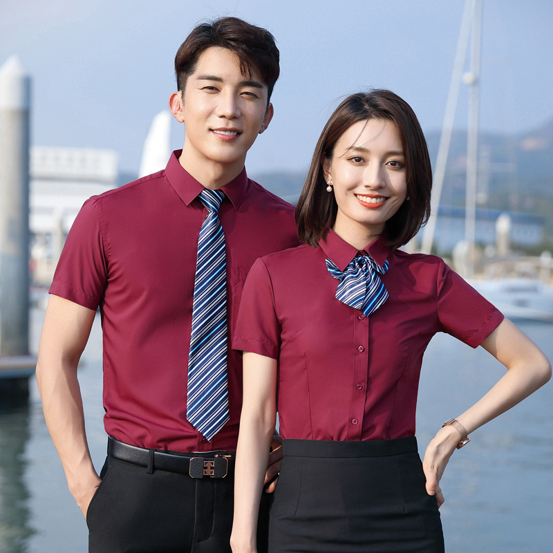 Plain Ultra-Fine Silk Shirt Manufacturer Direct Sales Professional Attire Shirt Short-Sleeved Professional Attire Men's and Women's Work Clothes Embroidered Logo