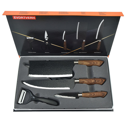 厂家批发锤纹五件套带菜刀不锈钢厨房刀具套刀锻打组合礼品彩盒装