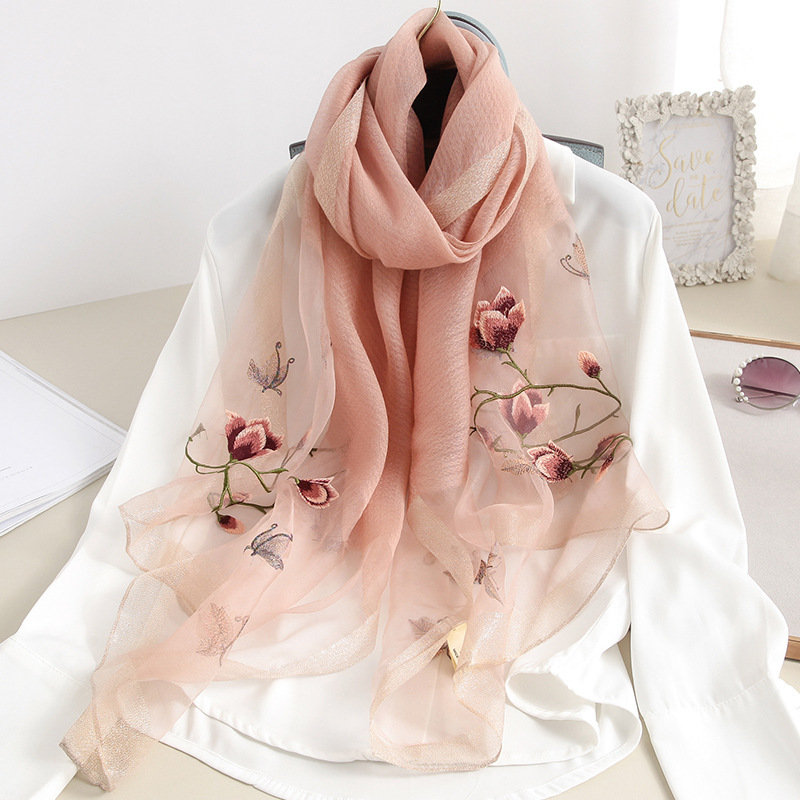 Silk embroidery wool tulip scarf women's hollow mulberry silk scarf ethnic wind sunscreen lace shawl wholesale