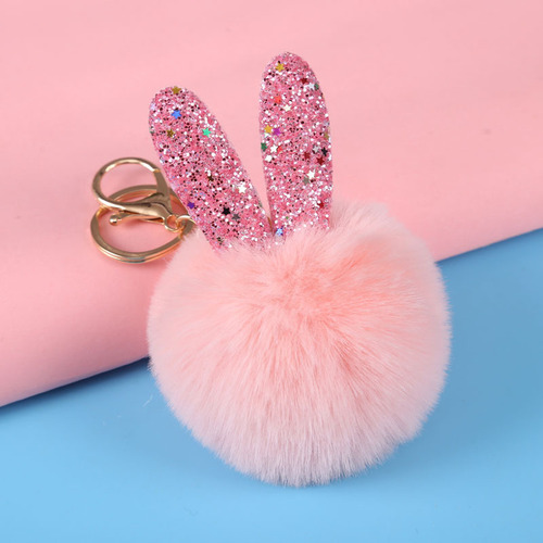 Ling Shang Rabbit Ear Felt Ball Keychain Car Key Holder Accessory Pendant Hook Direct Manufacturer Supply Cross-border Exclusive