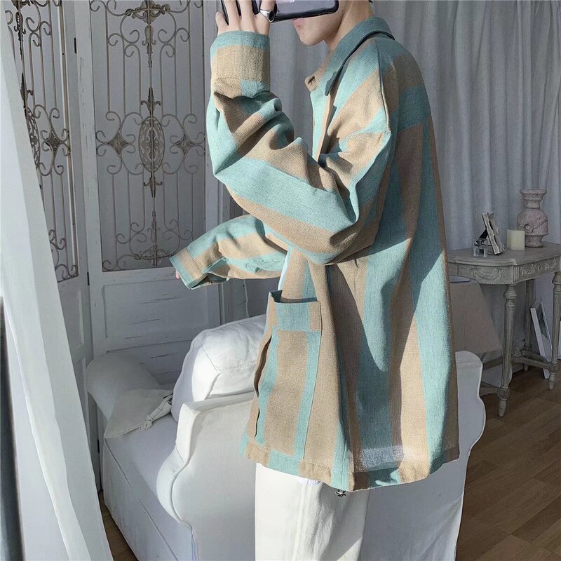 2025 Spring and Autum New Shirts for Men Korean Style Loose Trendyy Long-Sleeved Hong Kong Style Stripesd Contrasting Casual Shirts Trendyy