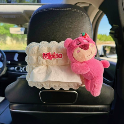 Car Armrest Box Paper Bag – Car tissue box/set - pink-strawberry-bear-puff-tissue-box