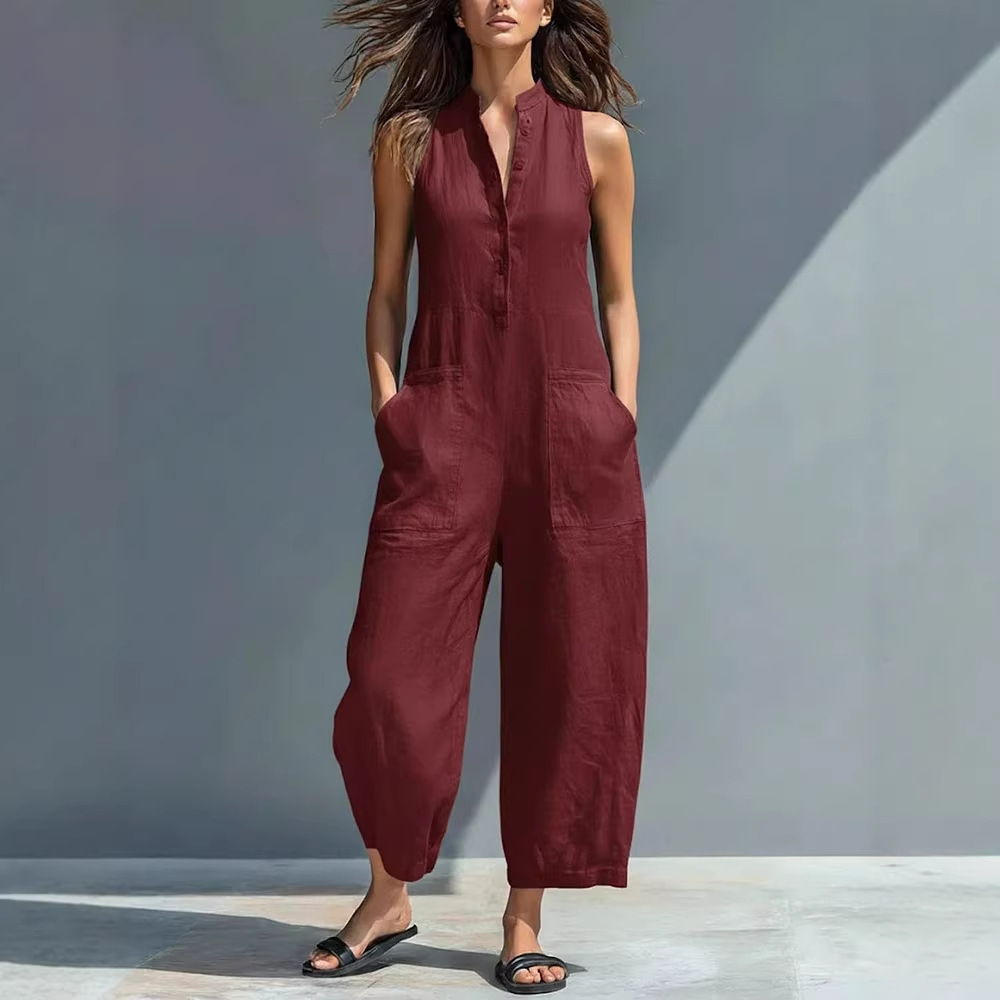 Women's Casual Sleeveless Stand Collar Jumpsuit with Pockets Fashionable Romper for Ladies_voghion.com