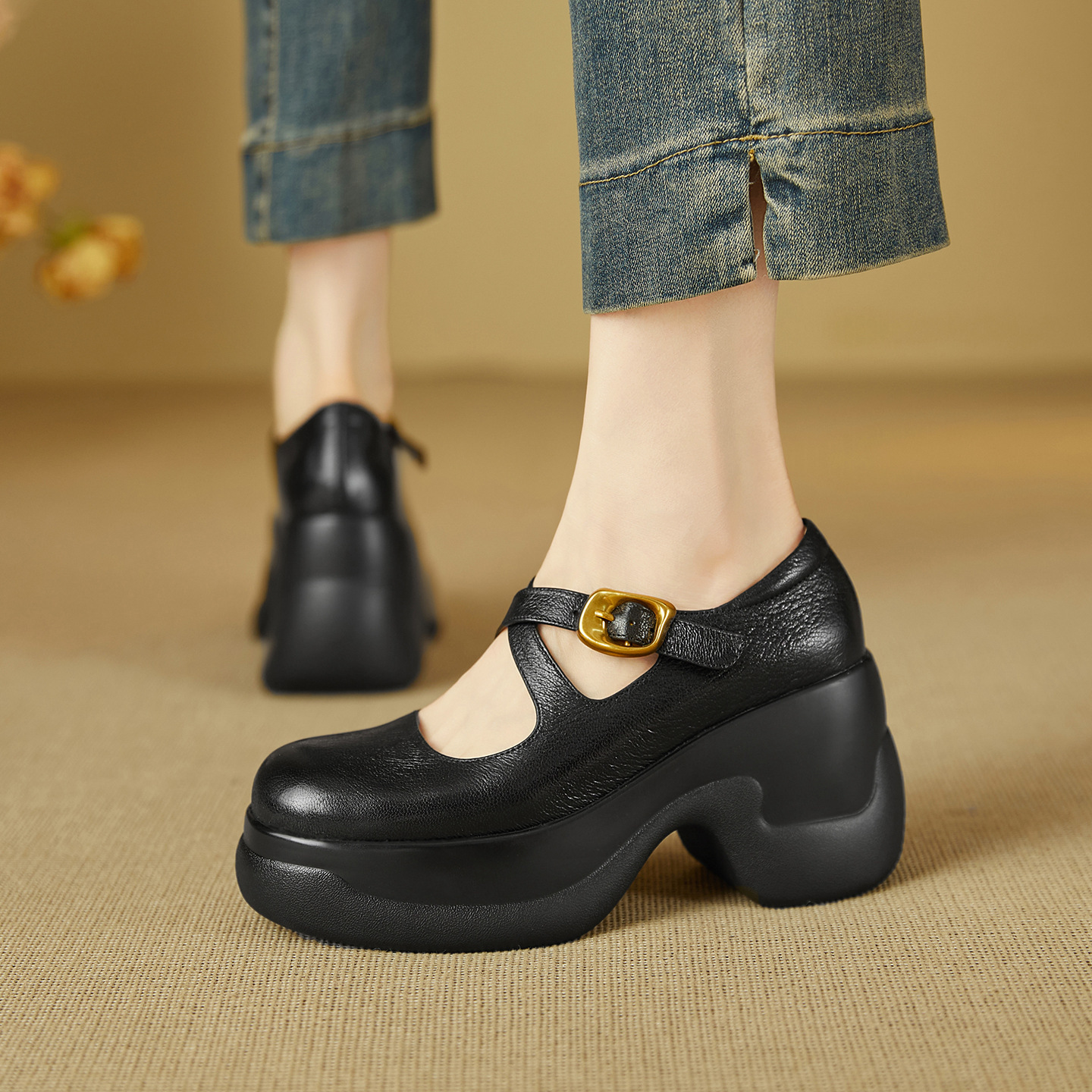 Giày cao gót Mary Jane nữ mũi tròn da cừu khóa chéo gót 9 cm — đen
