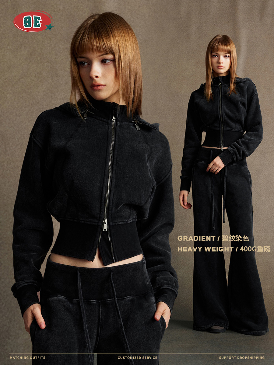 Ropa de mujer BE | Chaqueta Corta con Capucha Desmontable Estilo Retro Europeo y Americano Otoño 2025, Sudadera Lulu con Cierre y Cintura Ajustada para Mujer