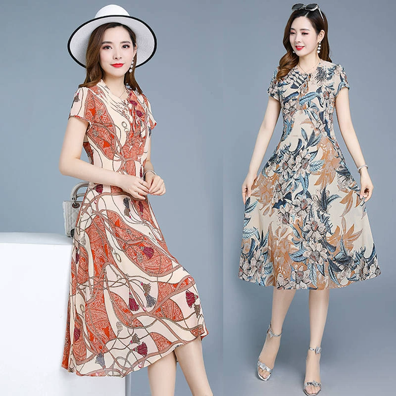 Новая цветочная юбка платье средней и длинной одежды мама платье среднего возраста женщина стройная стройная, большой размер средний и пожилой