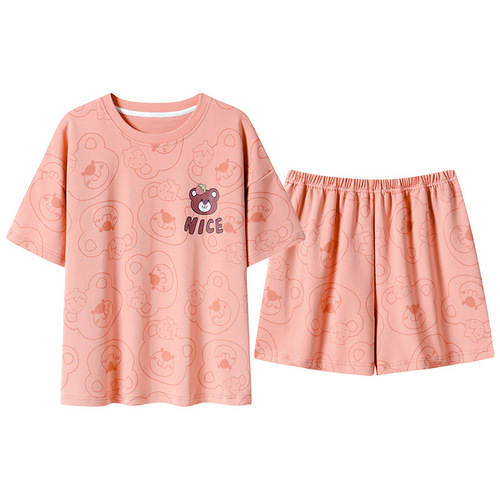 Pure cotton pajamas, women's summer short-sleeved shorts, round collar pullover, cute cotton casual and wearable home wear suit