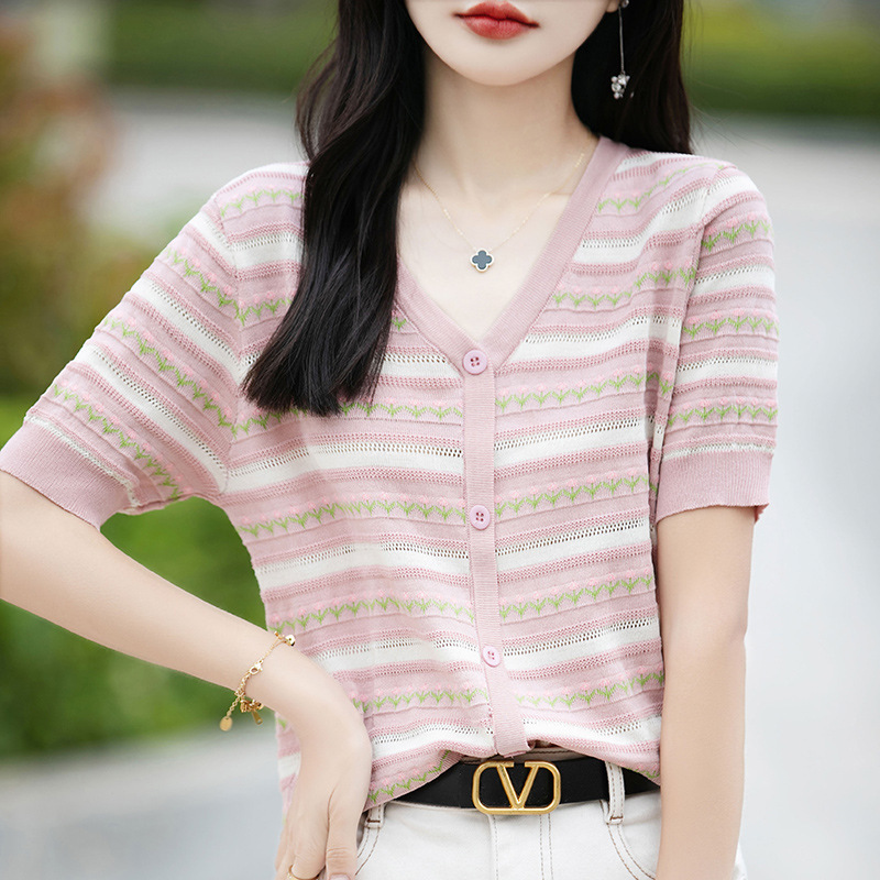 Colorful Stripesd Ice Silk Knitted Short-Sleeved T-Shirt Women's V-Neck Summer New Floral Pink Air-Conditioned Shirt Top Fake Cardigan