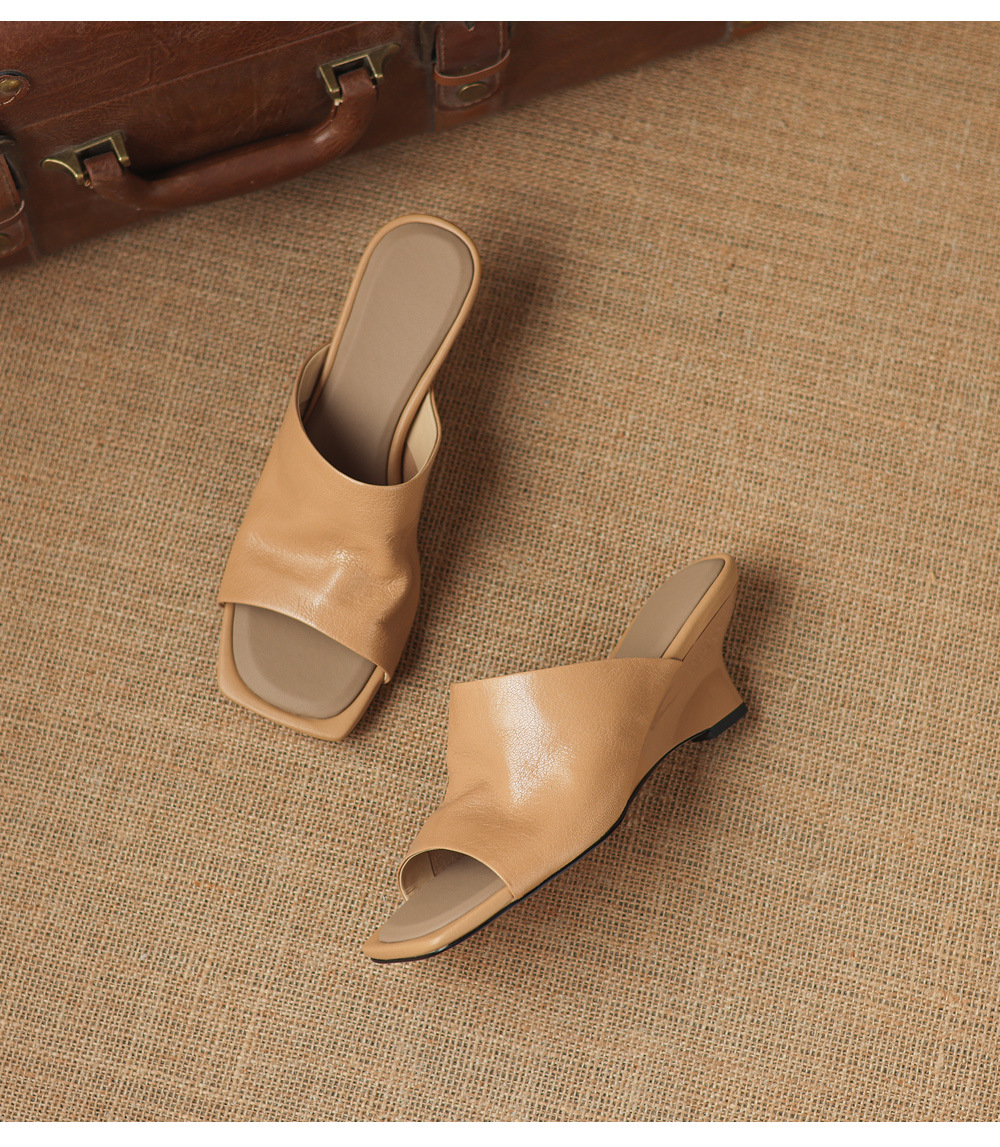 Sandal cao gót nữ mũi hở da cừu siêu mềm, quai ngang, gót xuồng 5 cm, phong cách Pháp — Trà sữa màu, màu trắng ngà chi tiết 18