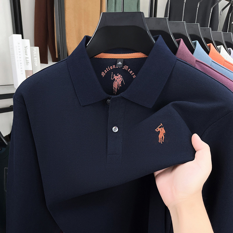 100% mercerized cotton long-sleeve polo shirt for middle-aged men, business casual, solid color, embroidered horse logo, turn-down collar, men's t-shirt wholesale 100% mercerized cotton long-sleeve polo shirt for middle-aged men, business casual, solid color, embroidered horse logo, turn-down collar, men's t-shirt wholesale
