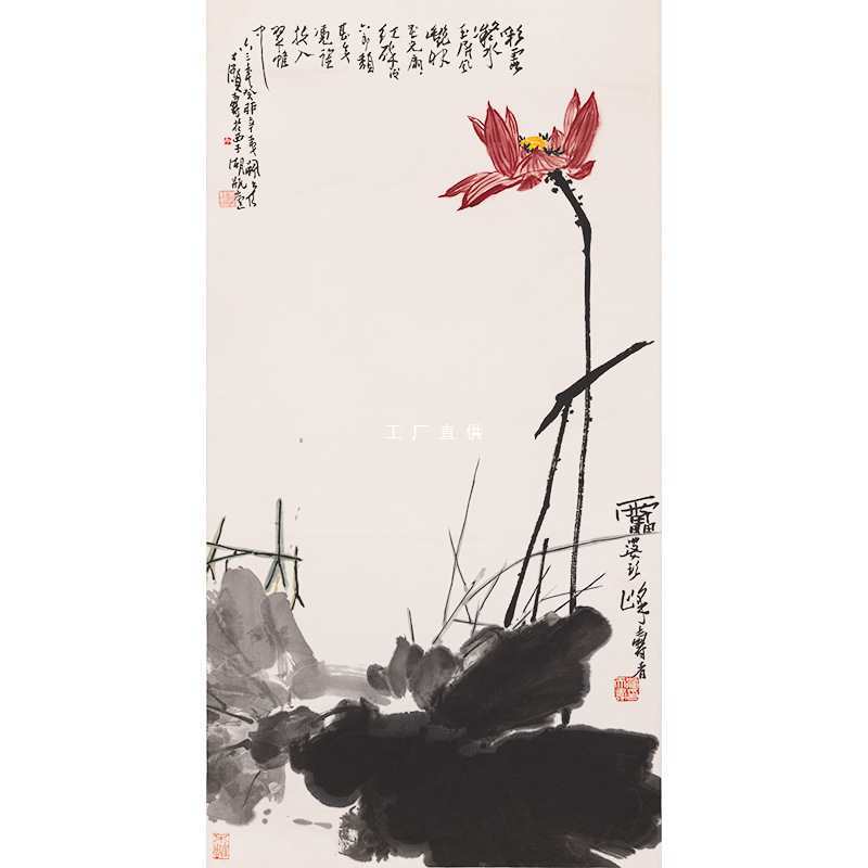 批发名画复制品潘天寿朱荷图写意水墨画花鸟画国画艺术微喷临摹装