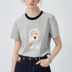 VEGA 半袖 Tシャツ レディース 2025 夏新作 ゆったり ラウンドネック カジュアル コントラストカラー パピープリント トップス
