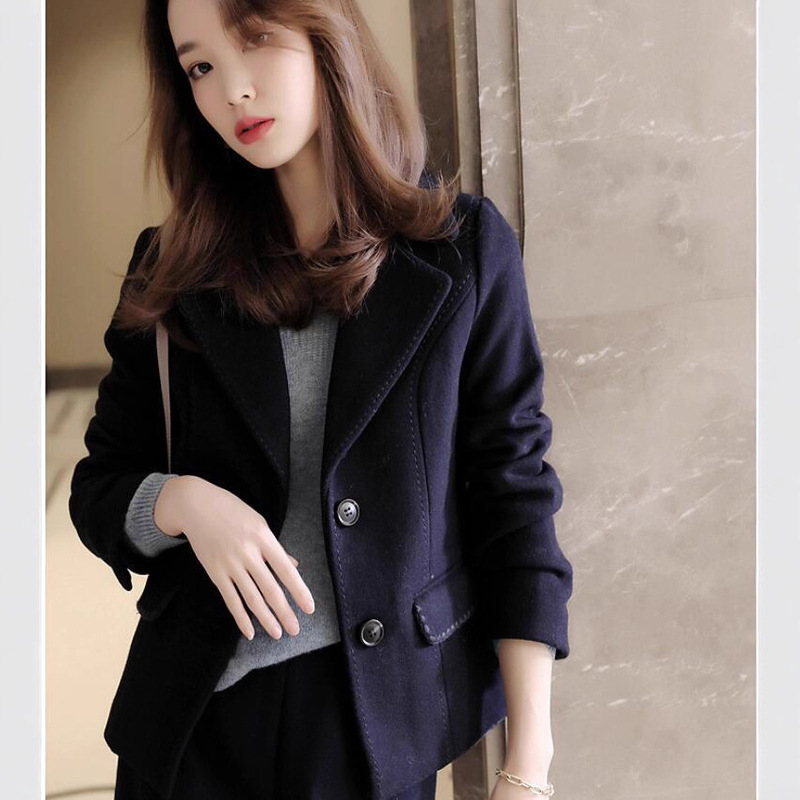 Printed Lining Elegant Foreign Style Navy Blue High Quality Arch Needle Craft Small Suit Thickened Wool Short Jacket for Women Printed Lining Elegant Foreign Style Navy Blue High Quality Arch Needle Craft Small Suit Thickened Wool Short Jacket for Women