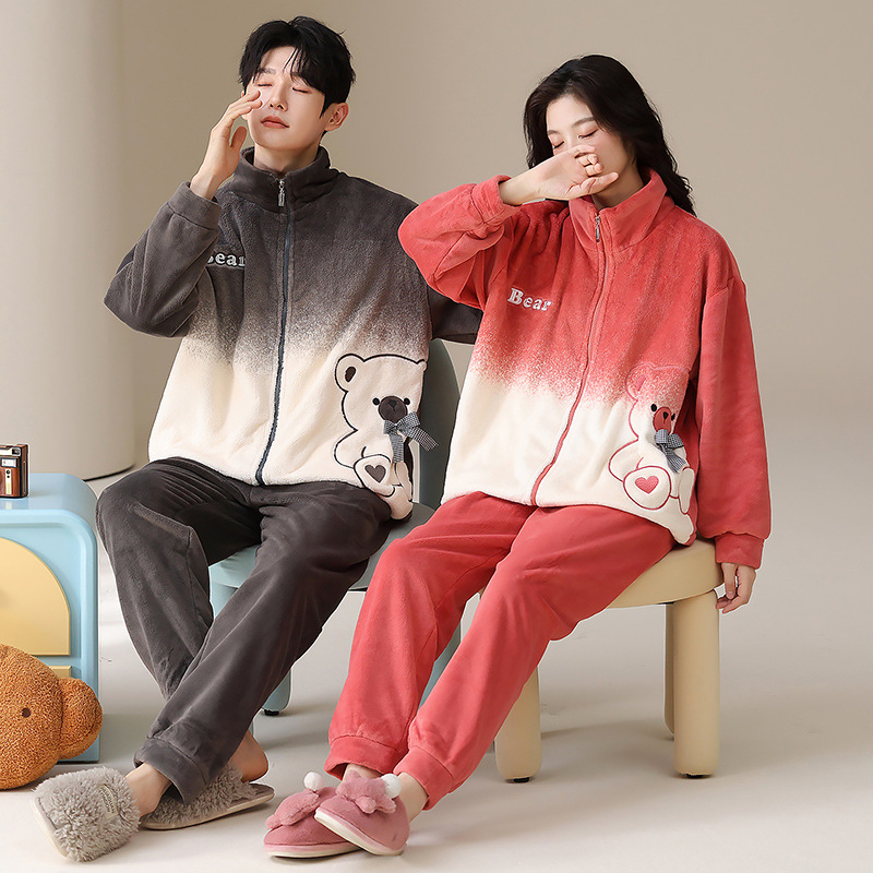 Coral vello pareja pijama de invierno para mujeres 2025 nuevo vello con cremallera gruesa se puede usar ropa de franela masculina