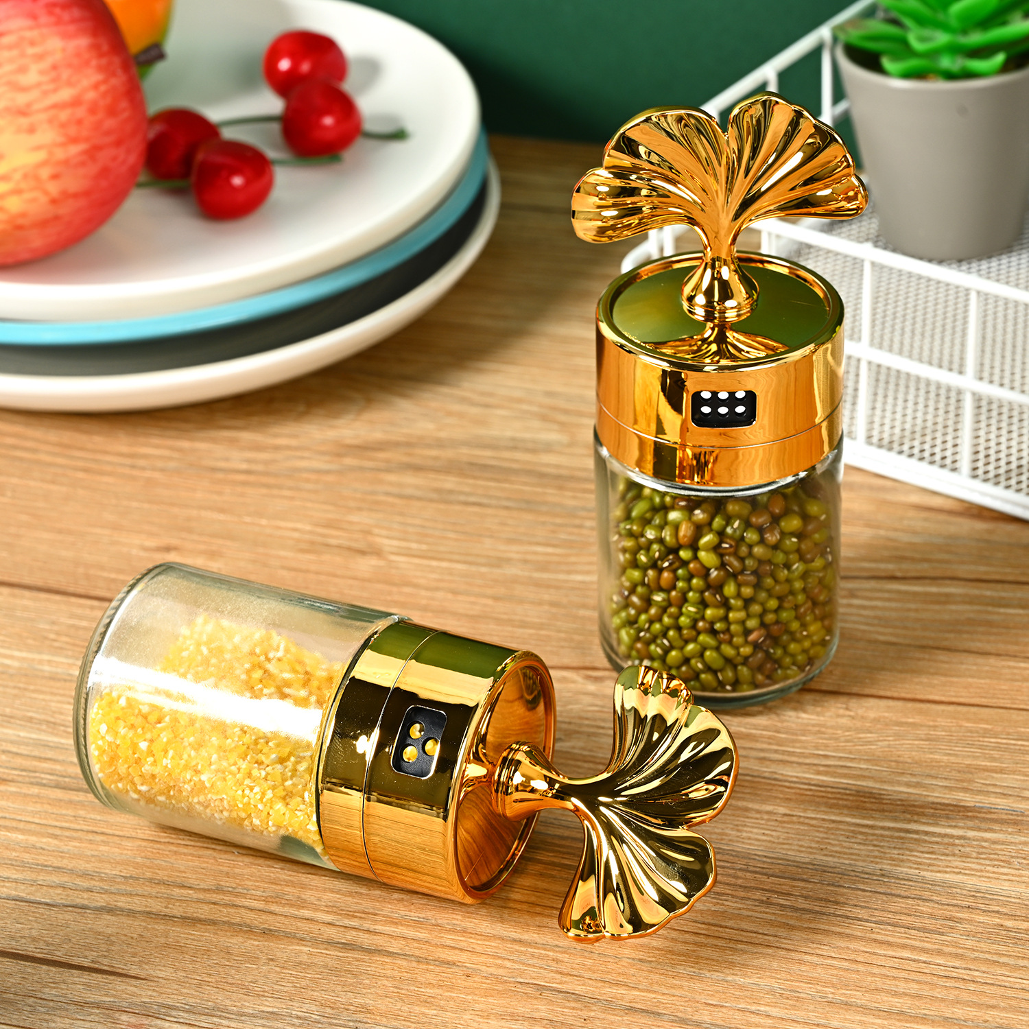 Nueva cocina sellada ginkgo hoja condimento botella hogar frasco de sal vidrio condimento botella condimento caja MSG condimento botella