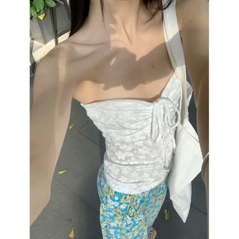 海边度假风套装法式抽绳抹胸背心上衣女夏季蓝色碎花半身裙两件套|undefined