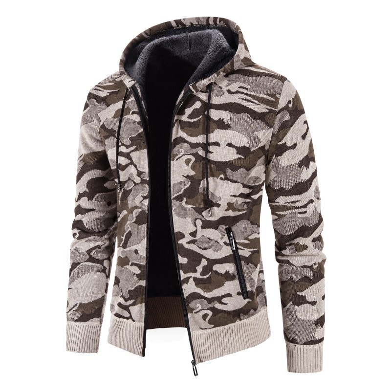 2024 New Men's Fleece Sweater Cardigan Large Size Export Camouflage Jacket Slim Trendy Hooded Jacket for Teenagers