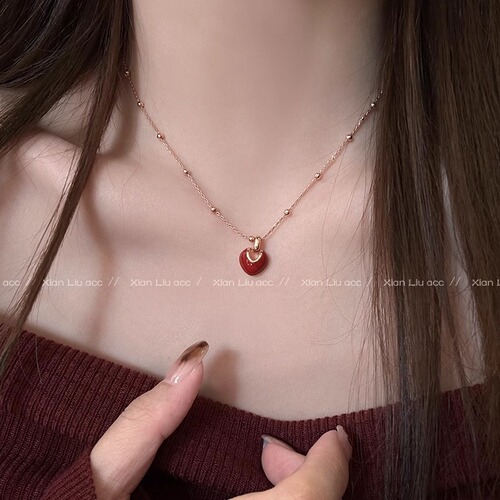 French drip glaze red love necklace autumn and winter clavicle chain light luxury women's high-end pendant niche design necklace