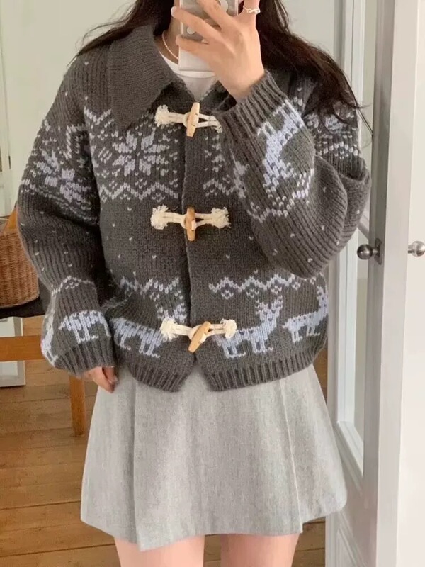 欧美跨境2025秋季女式针织衫文艺复古北欧风牛角扣雪花毛衣女外套|undefined
