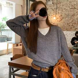 学院风袖口拼接假两件针织衫女秋冬季设计感小众宽松休闲长袖毛衣