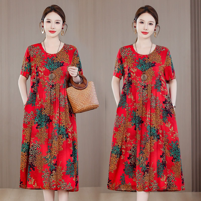 Платье из хлопкового шелка женское лето большой размер темперамент свободный, толстая мама покрывает живот, повседневная цветочная длинная юбка