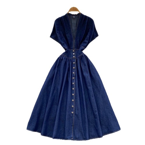 JeanDress Women's Summer Deep V Neckbandage Belt Buttoned Tight Frock Bodice Casual Denim Skirt