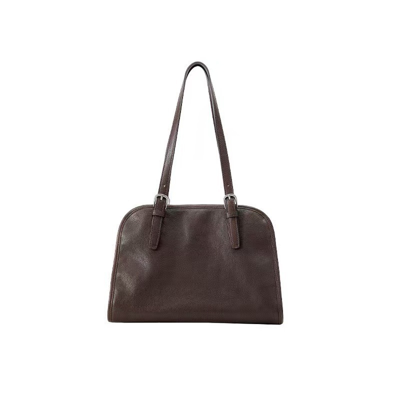 Vegetable-Tanned Cowhide Leather Bowling Bag Retro Large Capacity Commuter Laptop Bag Women's Shoulder Crossbody Bag - Thumbnail 8