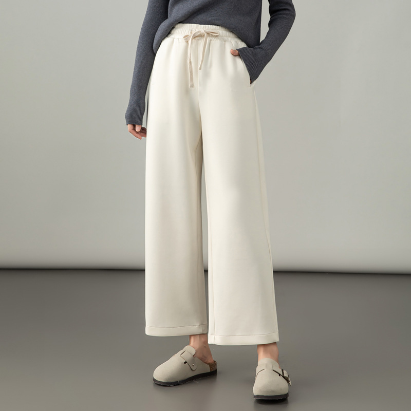 Modal Cotton Cropped Wide-Leg Pants for Women, 2026 Autumn New High-Waisted Off-White Cropped Sports Casual Pants