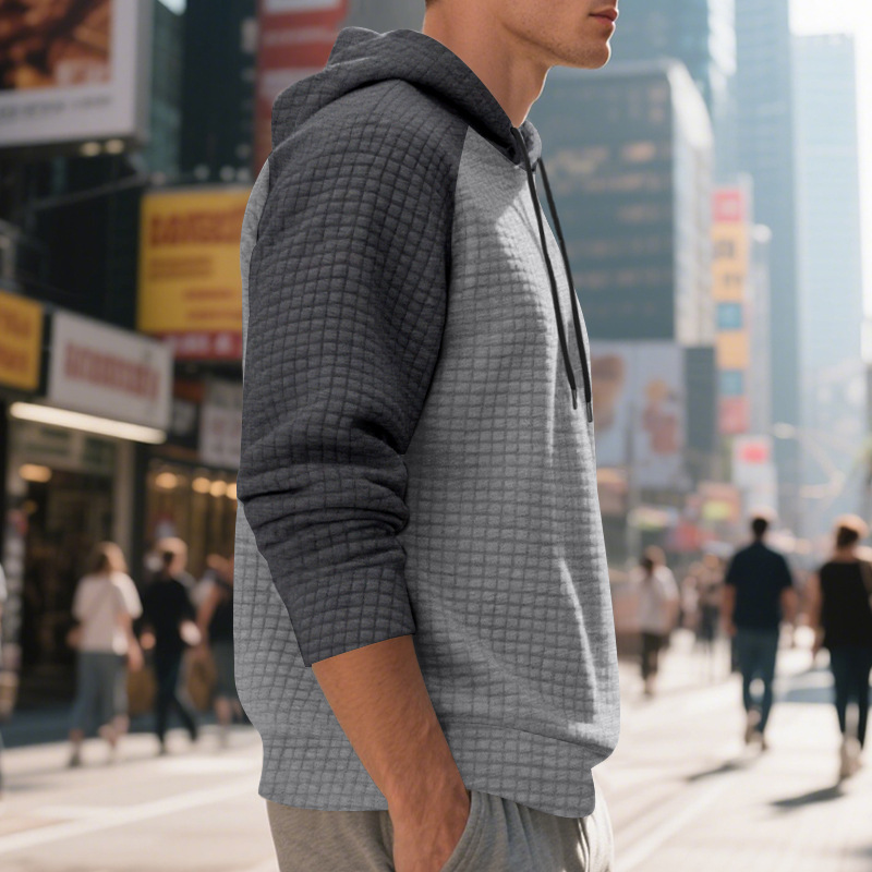 Schweres Kapuzensweatshirt mit Farbblockdesign für Herren, lockere Passform, Pullover mit Kordelzug für lässige Streetwear (Schwarz/Grau, Armeegrün/Beige)_voghion.com