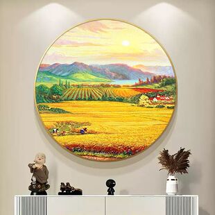 Purely Hand-Painted Oil Painting Round Restaurant Decoration Painting Pastoral Harvest Barley Entrance Hanging Painting Bedroom Lighting Mural Hanging Painting