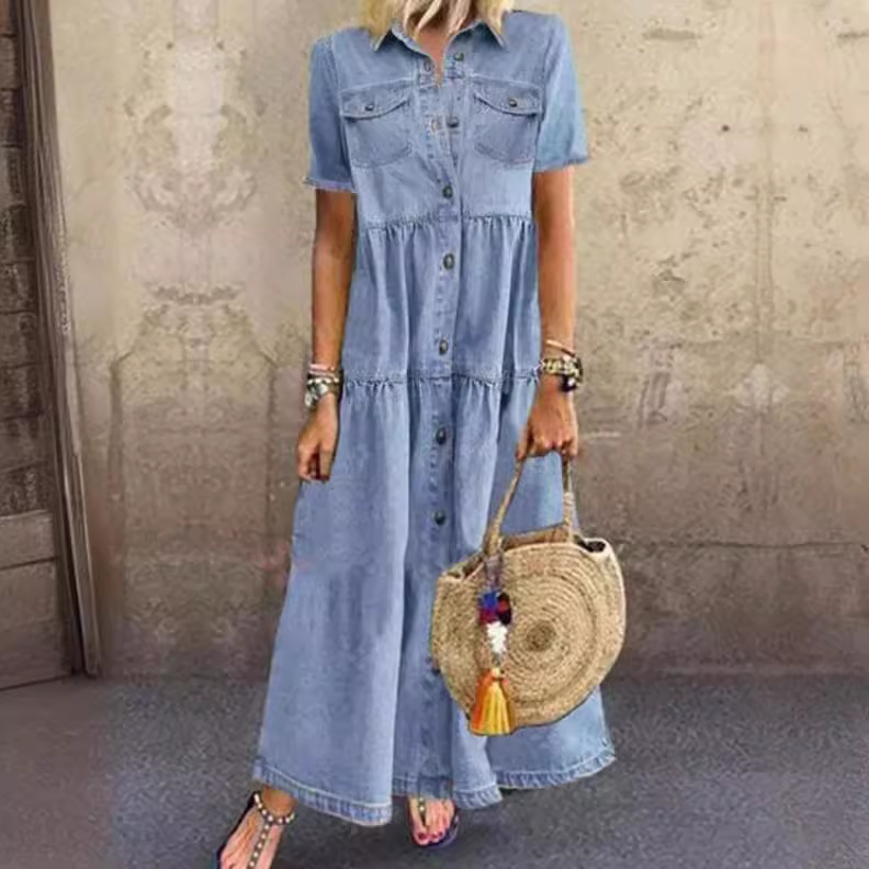 2025 New European and American Denim Style Long Multi-Button Distressed Dress for Independent Websites and Aliexpress 2025 New European and American Denim Style Long Multi-Button Distressed Dress for Independent Websites and Aliexpress