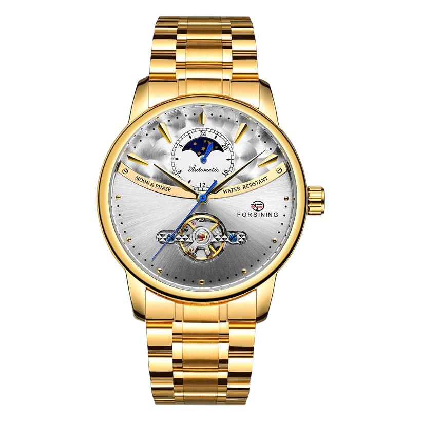 Forsining busini correa de acero los hombres negocios reloj mecánico automático inferior transparente hueco 8179