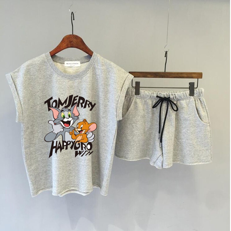 Foreign Trade European and American Summer Style Sportswear Suit for Women, Casual Vest and Shorts with Cat and Mouse Print, Fashionable Two-Piece Set Foreign Trade European and American Summer Style Sportswear Suit for Women, Casual Vest and Shorts with Cat and Mouse Print, Fashionable Two-Piece Set