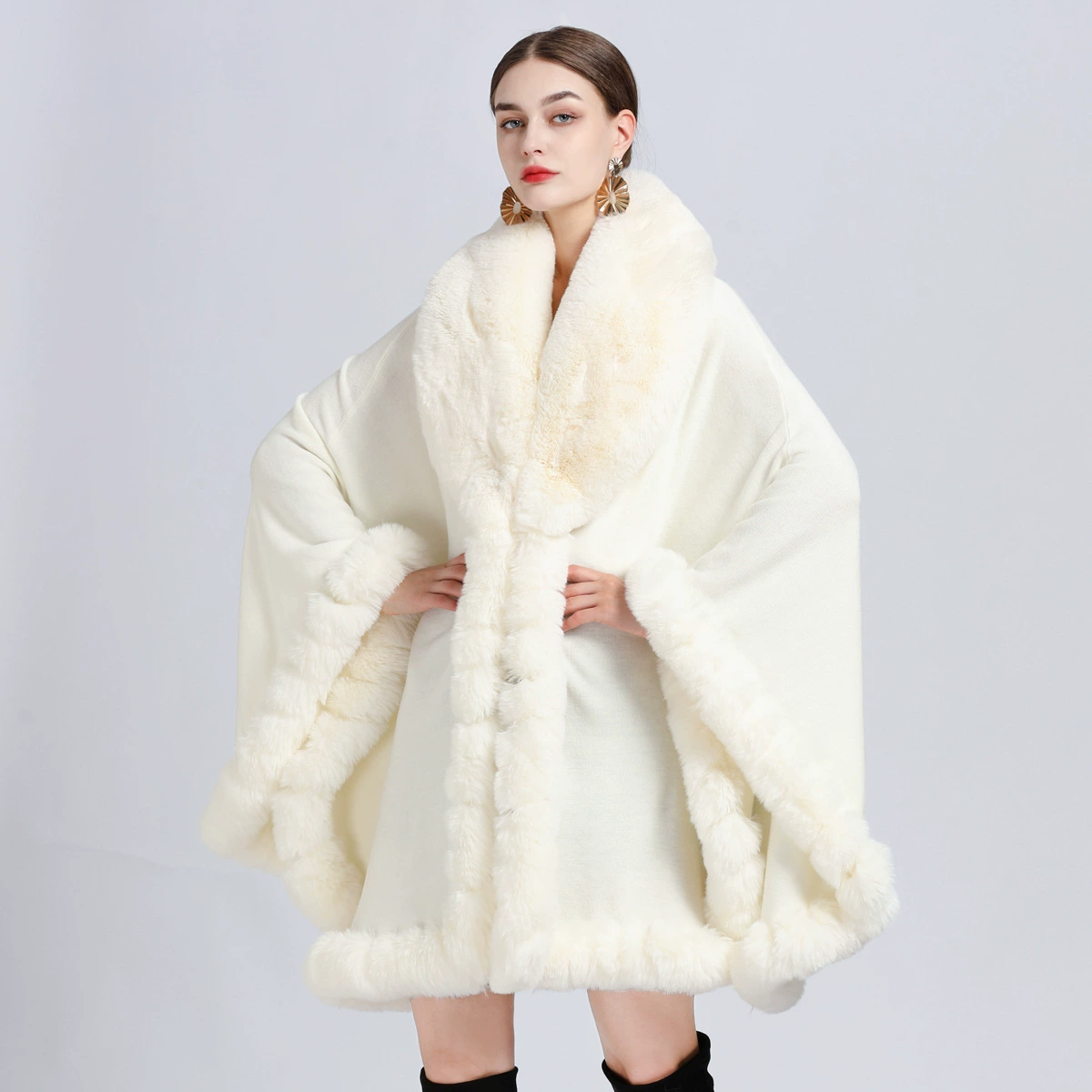 Новый зимний Кардиган с воротником из искусственного меха кролика Рекс, шаль, накидка, вязаный кардиган, Свободное пальто, модная Толстая теплая женская оптовая продажа