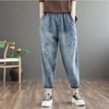 Retro denim summer trousers, plus size, with embroidery, elastic waist