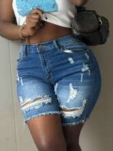 P 75815 Plus size ripped denim shorts �����ƶ�ţ�ж̿�
