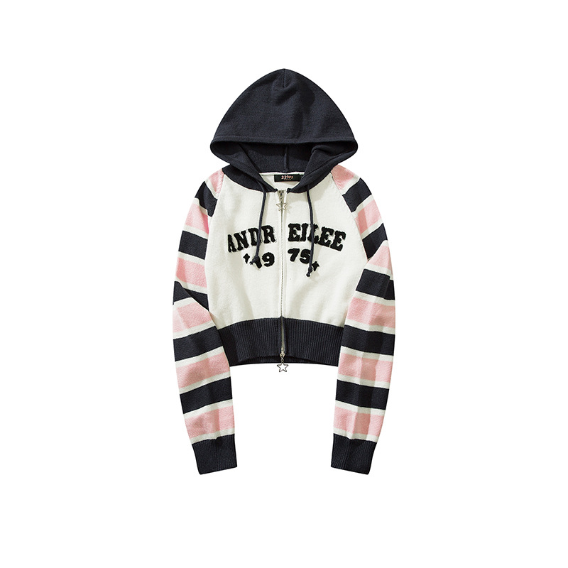 YWFG ropa de mujer americana retro letras rayadas 2024 primavera cardigan con capuz suéter de punto de manga larga