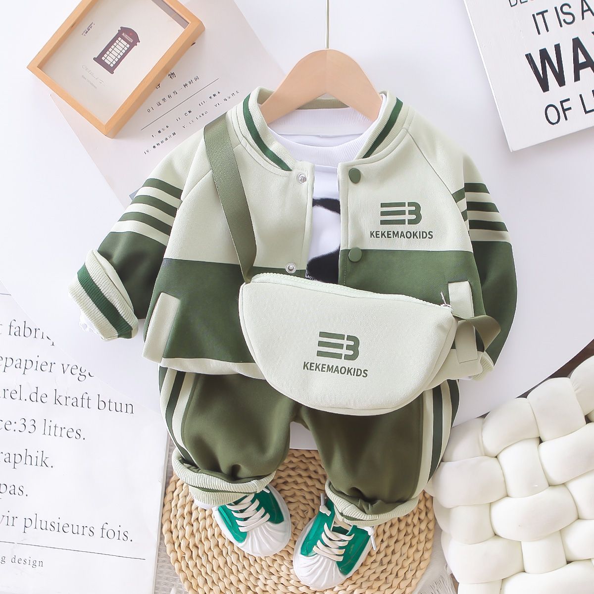 男女童装秋装套装洋气宝宝春季新三件套拼块挎包婴儿童小孩韩衣服