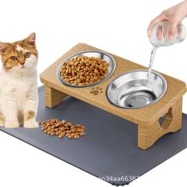 跨境木质猫碗架家用喂食器双碗猫碗架宠物喂食器猫咪食具